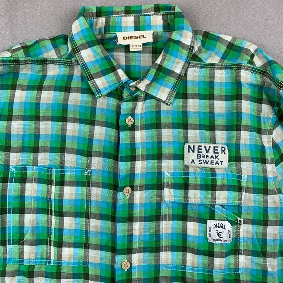 Diesel Mens Shirt XL Green Blue Plaid Button Up Linen Cotton Patches Embroidered - Picture 2 of 11